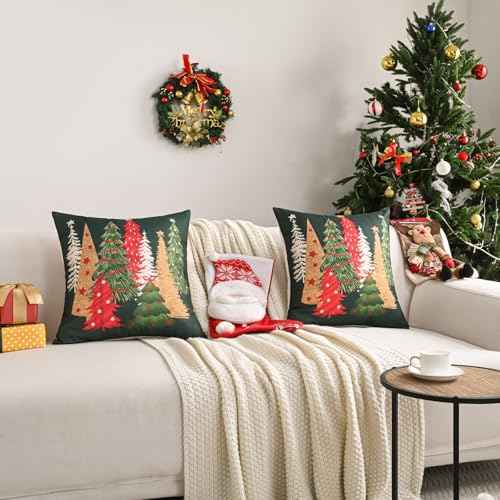 FUTEI Decorative Christmas Tree Pillow Covers 18x18 Inch Set of 2,Christmas Green Linen Cushion Cases, Winter Christmas Throw Pillows for Sofa Couch Bed Living Room