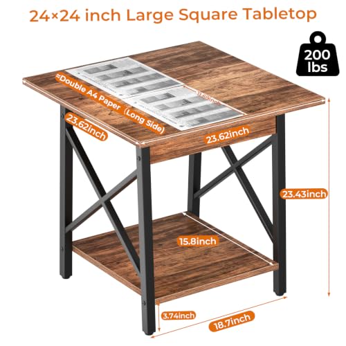 Walnut 24 Inch Square End Table with X-Frame and Two-Tier Storage