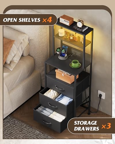 WLIVE 1 Piece Black Tall Nightstand with Charging Station & LED Lights, 3 Fabric Drawers & Open Shelves