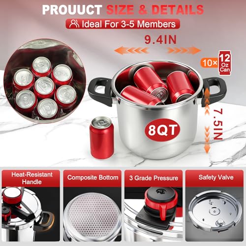 8 Quart Stainless Steel Pressure Cooker - 3-in-1 Fast Cooking with Locking Lid