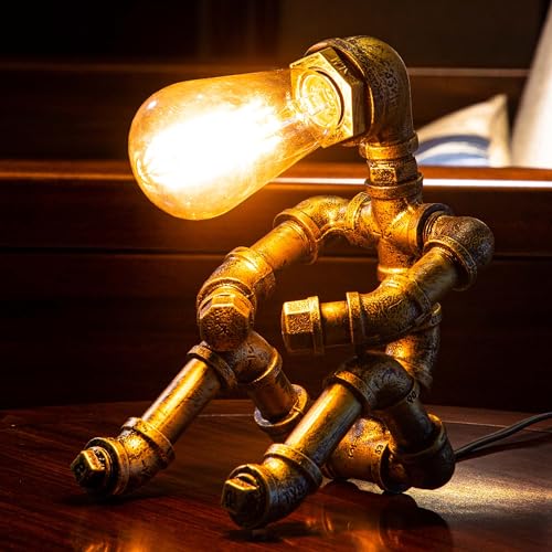 Steampunk Table Lamp with Robot Design - Vintage Industrial Water Pipe Desk Light - Bronze C