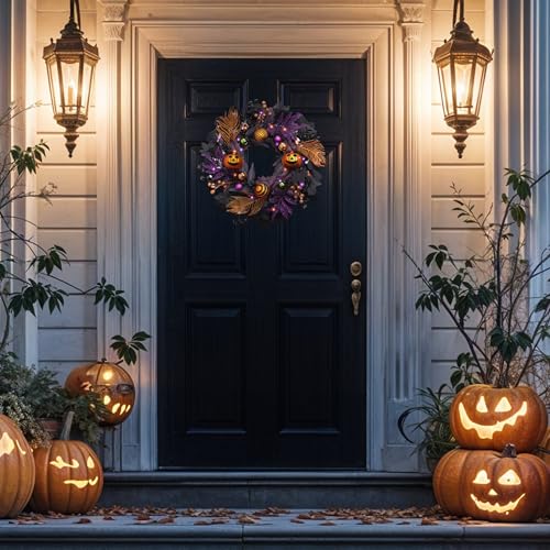 Halloween Pumpkin Wreath for Front Door Decor - 18 Inch Fall Autumn Welcome