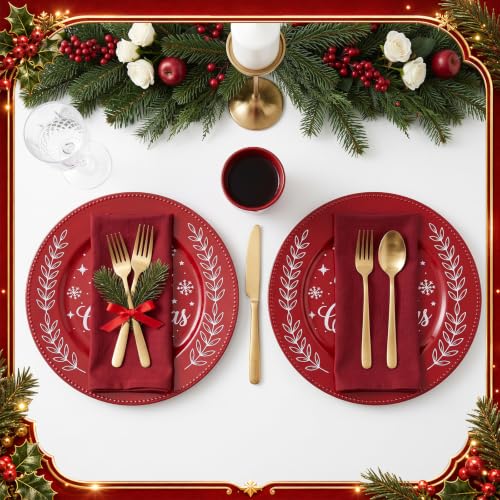 Christmas Charger Plates Set of 6 13-inch Red Beaded Holiday Dinnerware