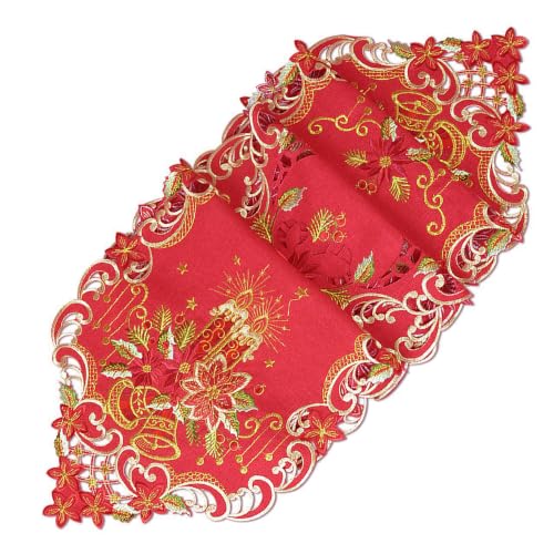 Grelucgo 14x88 Inches Embroidered Christmas Table Runner - Red Polyester with Poinsettia, Scalloped Border