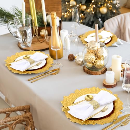 Widecook 100 Sets Gold Reef Charger Plates with Mesh Diamond Napkin Rings, 13" Round Chargers for Wedding Party (Gold / 100)