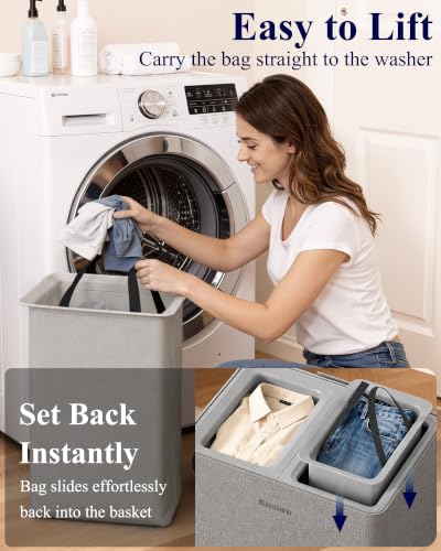 Gray Laundry Hamper with Lid 160L - 2-Compartment Sorter & Removable Bags