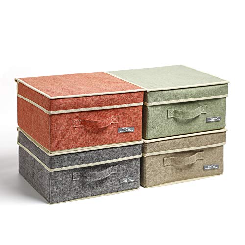 Fabric Storage Bins with Lids 4 Pack - Linen Foldable Storage Box Set, 12.4in/12in/6.7in, Multi-Color