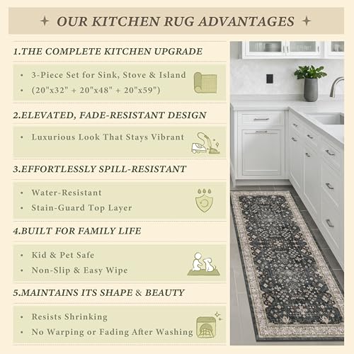 JTJ Set of 3 Black Boho Vintage Washable Non-Slip Kitchen Rugs 20x32 + 20x48 + 20x59 inches