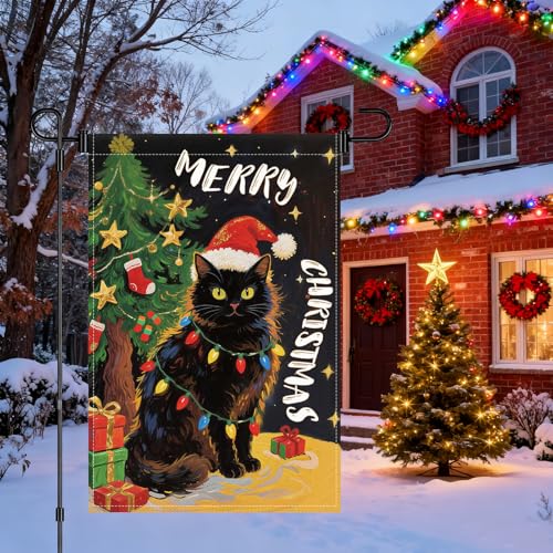 Merry Christmas Garden Flag 12x18 Inch Double Sided Black Cat Xmas Winter Yard Flag Small Mini Yard Lawn Outside Holiday Party Decoration Outdoor Christmas Decorations