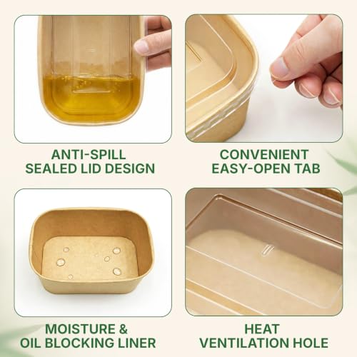 HestiaSnax 29oz Disposable Kraft Paper Meal Prep Containers with Lids - 50 Pack