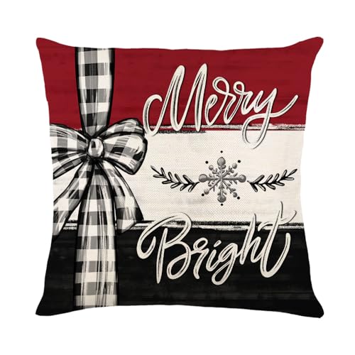 ARPOVIST Christmas Pillow Covers Set of 4 — 18x18 Inch Bow Edition, Red & Black Buffalo Plaid with Trees, Snowflakes & Bow