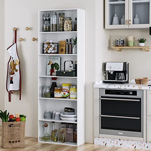 FOTOSOK 6-Tier Tall White Bookshelf with Open Display Shelves - Stable, Stylish Storage