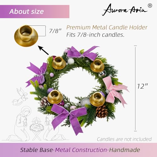 12-Inch Purple and Pink Metal Advent Wreath Candle Holder for Christmas Decor