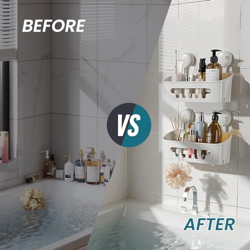 White Shower Caddy Suction Cup 2 Pack Waterproof Bathroom Organizer Heavy Duty