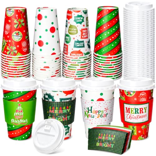 Jingmore 48 Pack Christmas Coffee Cups with Lids & Sleeves, 16oz - Holiday Designs