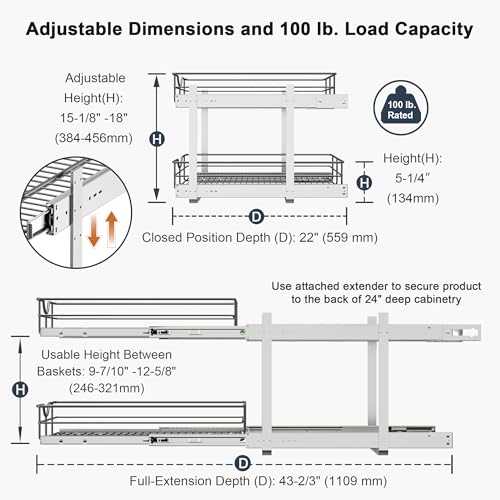 2-Tier Pull Out Cabinet Organizer 20 W x 22 D Soft Close Drawer Shelves - Heavy Duty Steel