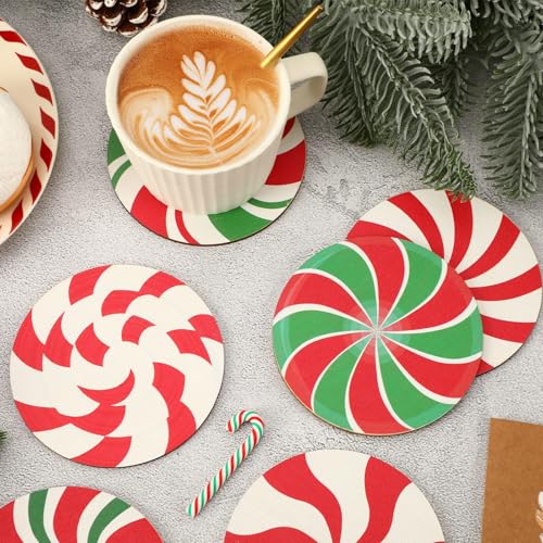 UPINS 8 Pcs Christmas Coasters for Drinks,Wooden Christmas Drink Coasters Red and Green Candy Pattern Table Coasters Holiday Xmas Decor for Home Party Gift