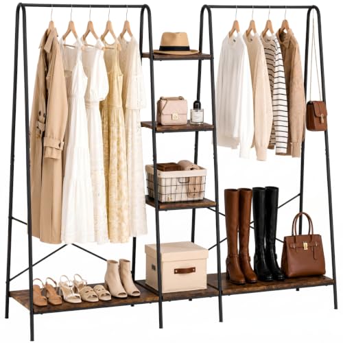 Black Clothes Rack with 6 Wooden Shelves & 2 Hanging Rods - Heavy Duty Freestanding Wardrobe