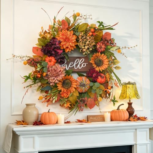 Pumpkin Fall Wreath for Front Door 24 Inch Autumn Decor Sunflowers & Pumpkins