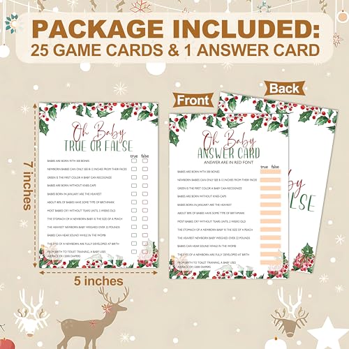 Christmas Baby Shower Games Cards Set - Red, Green & White, 25 Fun Party Games for Gender Reveal & Holiday Celebration