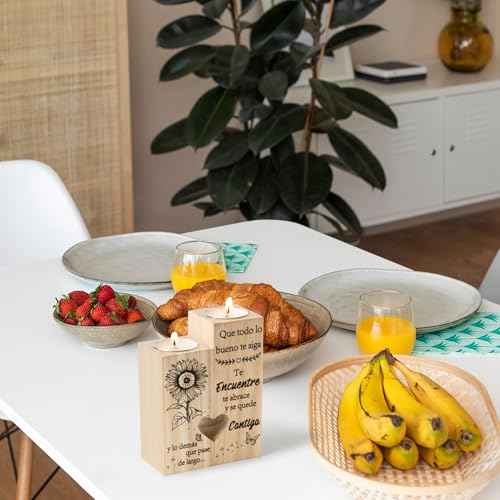 Zainpe Spanish Inspirational Graduation Candle Holders Gift for Teacher Women Friend Sister Bestie Mum Daughter, Wooden Heart Double Sided Printing Candlestick Birthday Friendship Gifts