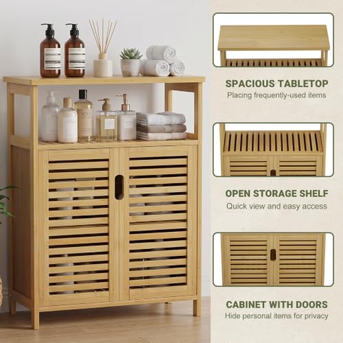 Bamboo Freestanding Bathroom Floor Storage Cabinet with Doors & Shelf - Variation of THIS listing