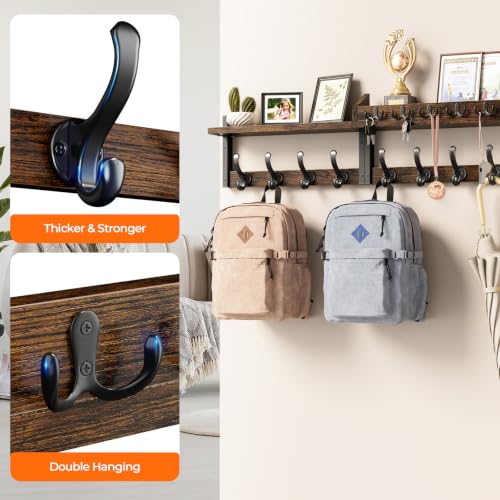 Rustic Brown 35-Inch Wall Mount Coat Rack with Shelf - Entryway Organizer