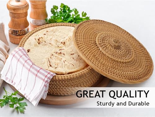 10-Inch Rattan Tortilla Warmer Basket with Cotton Cloth - Keeps Flatbreads Warm