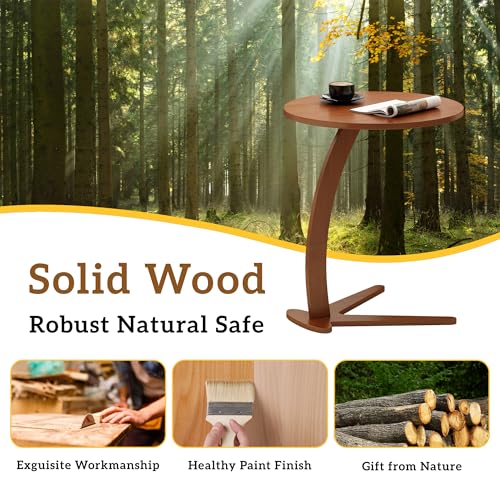 17-Inch Natural Wood C-Shaped Couch End Table - Slide Under Sofa, Rustic Finish