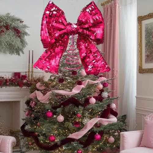 Demissle Hot Pink Sequin Bow Christmas Tree Topper 10 x 12 in