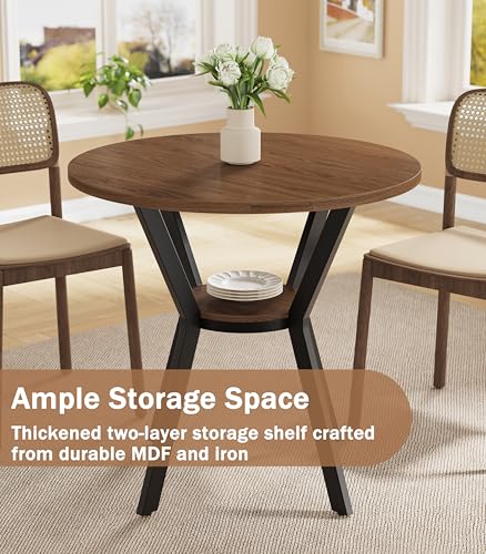 Walnut 31.5 Inch Round Dining Table for 2-4 with Storage - Small Kitchen Table