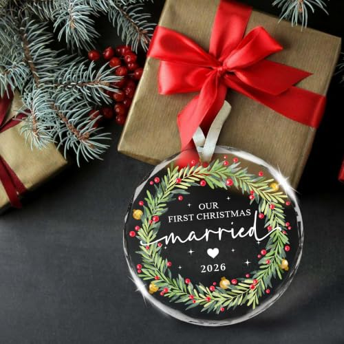 Our First Christmas Married 2026 Ornament – Glass Wreath Gift for Couples (With Navy Box)