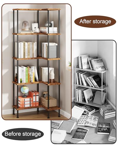 Rustic Brown 5-Tier L-Shaped Corner Bookshelf - 60 Inch Modern Corner Shelf