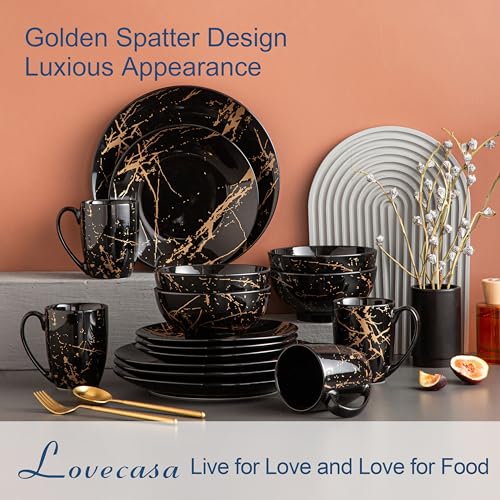 Black & Gold 16-Piece Dinnerware Set for 4 - Porcelain Plates Bowls Mugs