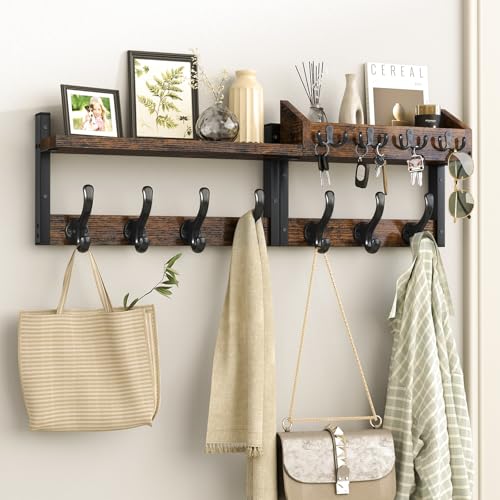 Rustic Brown 29-Inch Wall Mount Coat Rack with Shelf and Hooks - Entryway Organizer