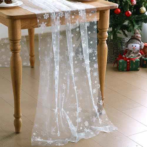 Breling Blue Snowflake Christmas Tulle Table Runner 118'' x 29.5'' Christmas Gauze Table Runner Seasonal Sheer Xmas Winter Holiday Decor for Birthday Festival Party Kitchen Wedding Bridal Shower
