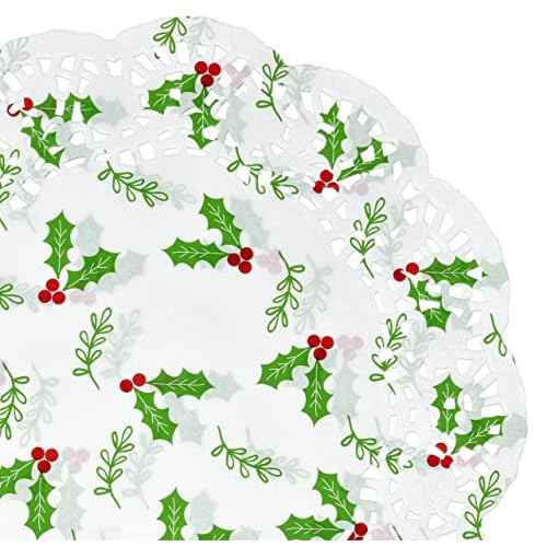 Gift Boutique - 100 Christmas Paper Doilies 10" Disposable Round White Lace Doily with Green Holly Leaves and Red Berries for Xmas Holiday Crafts Wedding Accent & Dinner Table Decorations