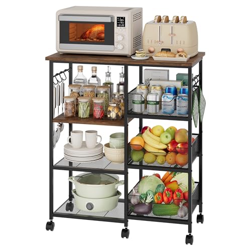 HapiRm Brown Rolling Kitchen Cart with Storage, Microwave Stand, 6 Hooks & 3 Baskets