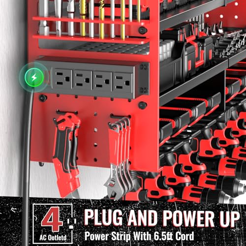 VeyFolzin Red Power Tool Organizer Wall Mount with Charging Station - Heavy Duty Metal, 4 Layers, 8 Drill Slots, 4-Outlet Power Strip