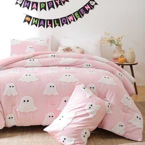 Smoofy Pink Ghost Halloween Comforter Set, Fleece Queen Bedding