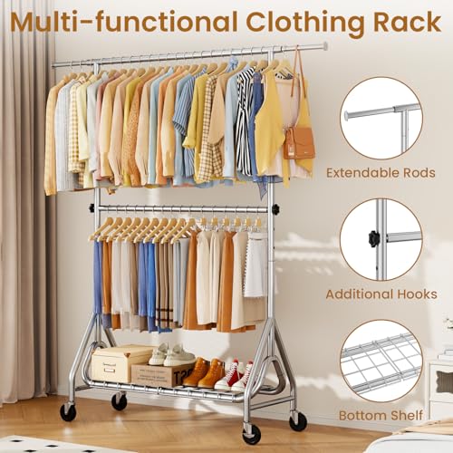 Heavy Duty Clothes Rack with Double Rods, Lockable Wheels, Shelving - Silver, 78 Inch