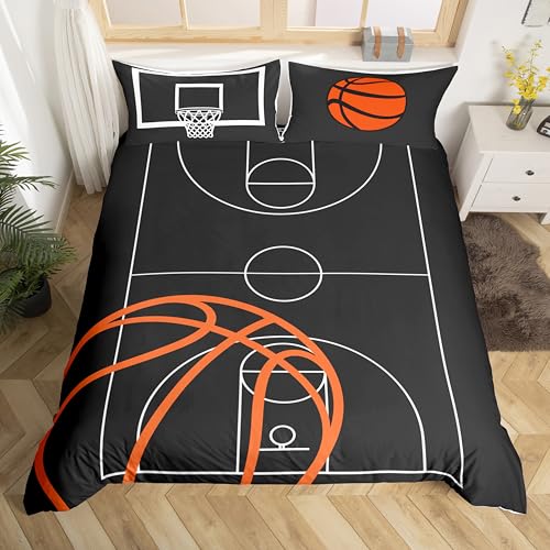 Castle Fairy Cyjs3028 Full Size Basketball Court Print Comforter Cover Set with 2 Pillowcases (No Comforter) – Orange Hoop Bedding