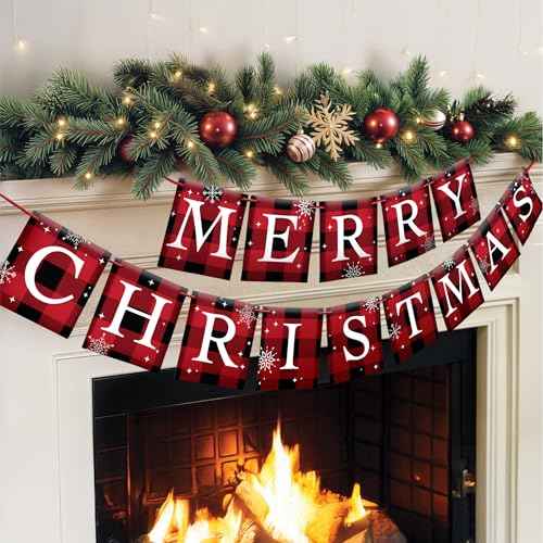 X-Protector Merry Christmas Banner - Buffalo Plaid Merry Christmas Sign for Fireplace Mantel - Premium Indoor Xmas Decorations for Home & Party - Living Room Christmas Decorations for Mantle!