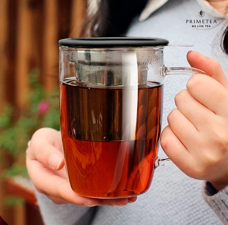 Prime Tea - Glass Teacup with Tea Infuser, 16oz / 470 ml, Hand Blown, Single Wall, Heat Resistance Borosilicate Glass Teamaker Cup for Blooming & Loose Leaf Tea, Microwave & Dishwasher Safe (Black)
