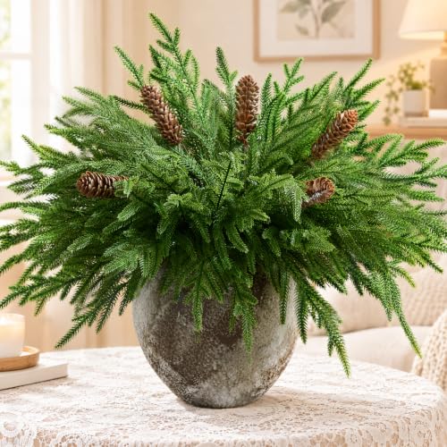 12Pcs Artificial Norfolk Pine Branches with Pinecones Holiday Decor
