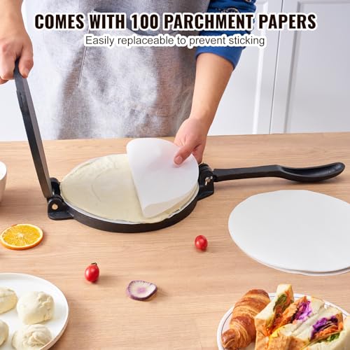 10-Inch Cast Iron Tortilla Press for Flour & Roti Making - Heavy Duty, Pre-Seasoned, Includes Parchment Paper