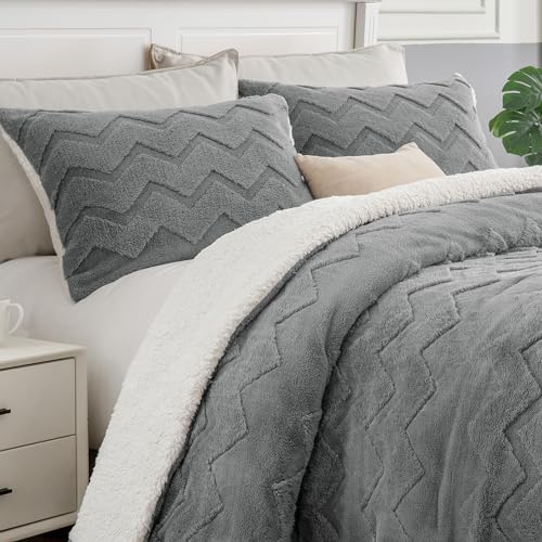 BEDELITE Fluffy Sherpa Queen Comforter Set - Grey, Embossed Floral Design