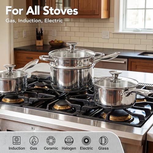 Stainless Steel Saucepan Set with Lids - 1QT, 2QT, 3QT Tri-Ply Bottom, Induction & Dishwasher Safe