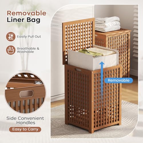 Walnut Laundry Hamper with Lid - 120L Bamboo Clothes Basket with Removable Liner