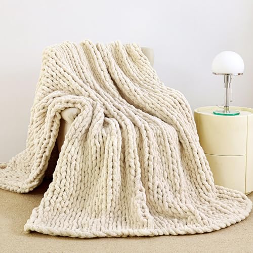 Admitrack Ivory Chunky Knit Blanket Throw 51x63" - Cozy Couch Cover